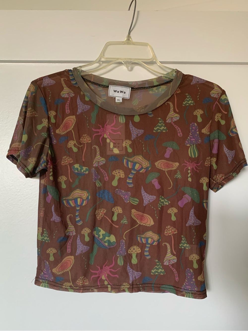 WoWo Brown Sheer Mesh Crop Top With Mushroom Pattern NWT 🌴